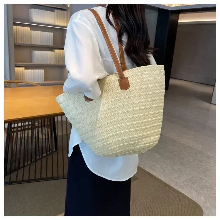 Borsa a tracolla portatile grande in paglia intrecciata con manico superiore da donna, borsa estiva da spiaggia, borsa shopper_voghion.com