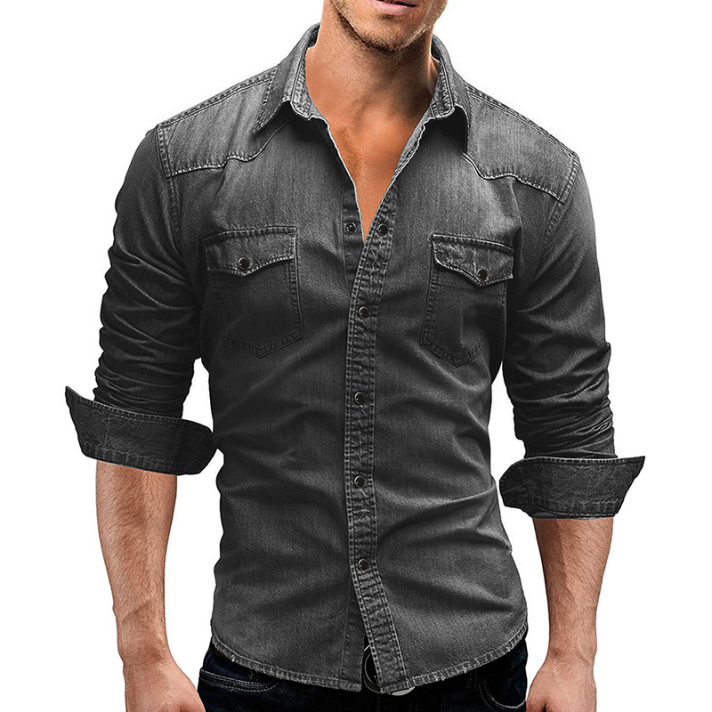 Herrenbekleidung Vintage einfaches langärmeliges Jeanshemd für Herren in Übergröße_voghion.com