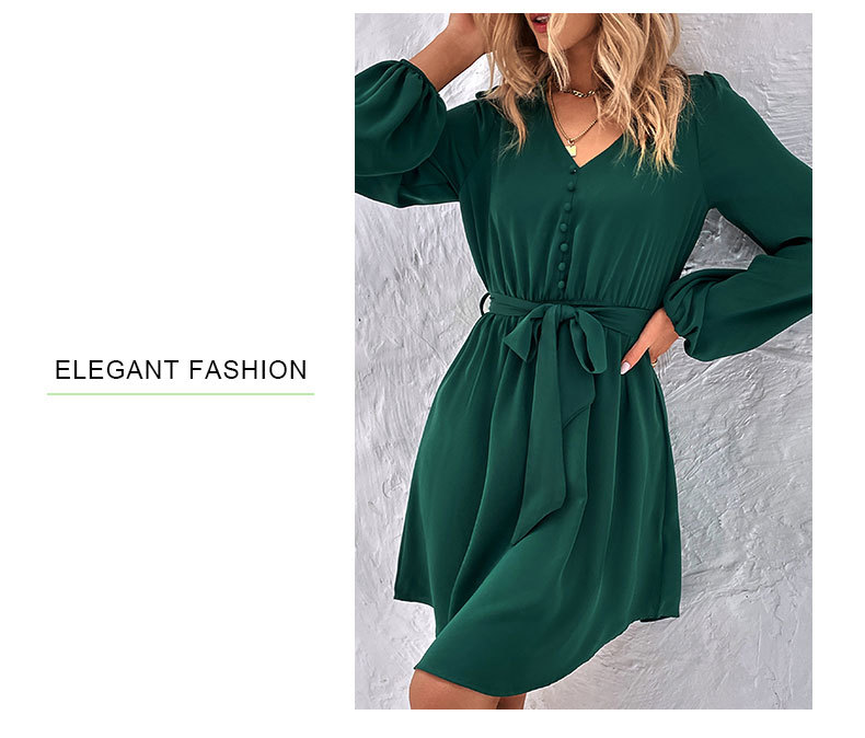 Abito a maniche lunghe con scollo a V solido da donna_voghion.com