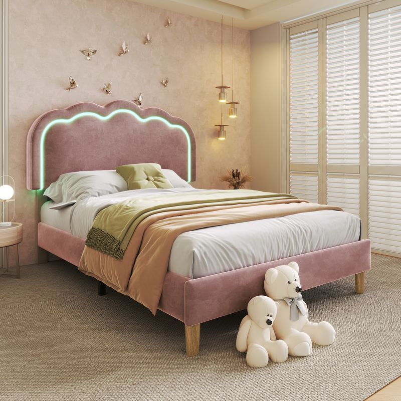 Cadre de lit simple en velours rose 90 x 190 cm avec éclairage LED, tête de lit et sommier à lattes réglables, lit enfant rembourré pour chambre ou chambre d'amis_voghion.com