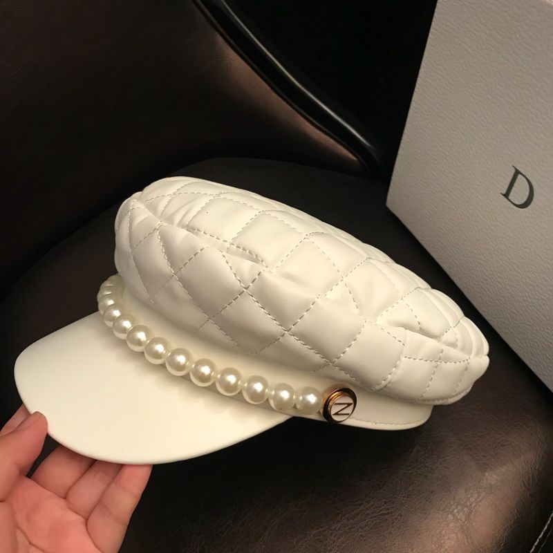 Weißer achteckiger Damenhut, britischer Herbst- und Winterstil, trendige koreanische Version, modisches und vielseitiges Leder_voghion.com