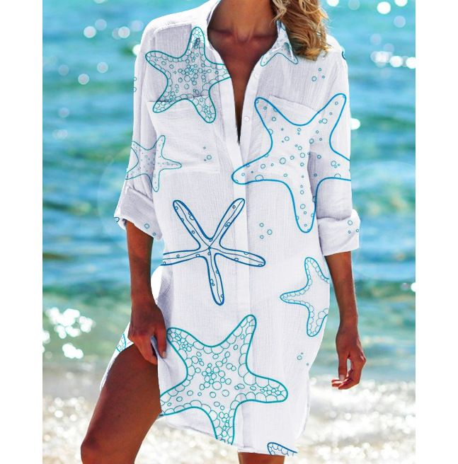 2022 New Bikini Jacket Swimsuit Cardigan Women's Printed Vacation Beach Shirt_voghion.com