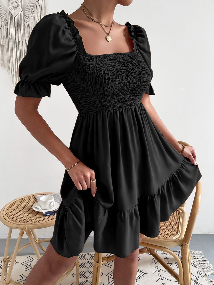 Square Collar Ruffled Short Sleeve High Waist Tight Fit Commuter Dress_voghion.com