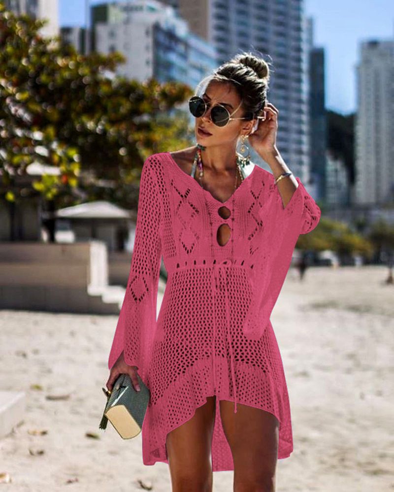 Unregelmäßiger tiefer V-Ausschnitt für Damen, sexy, ausgehöhlt, gewebt, Strandkleid, Überzug_voghion.com