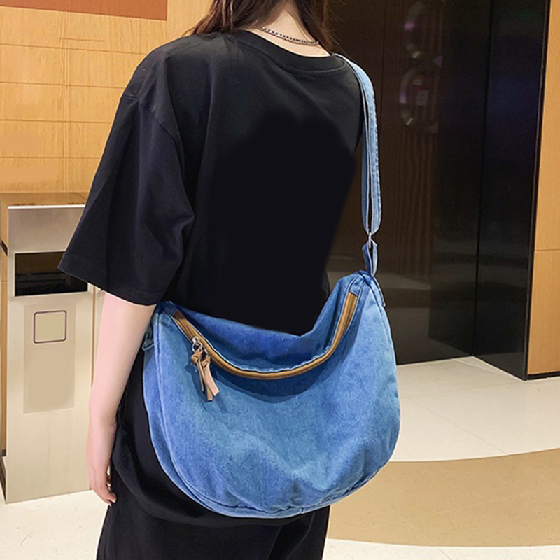Lihanbao Stylish Messenger Bag Denim Crossbody Bag Casual Canvas Tote Large Capacity Adjustable Strap Zip Closure Student Satchel For Women -Dark Blue_voghion.com