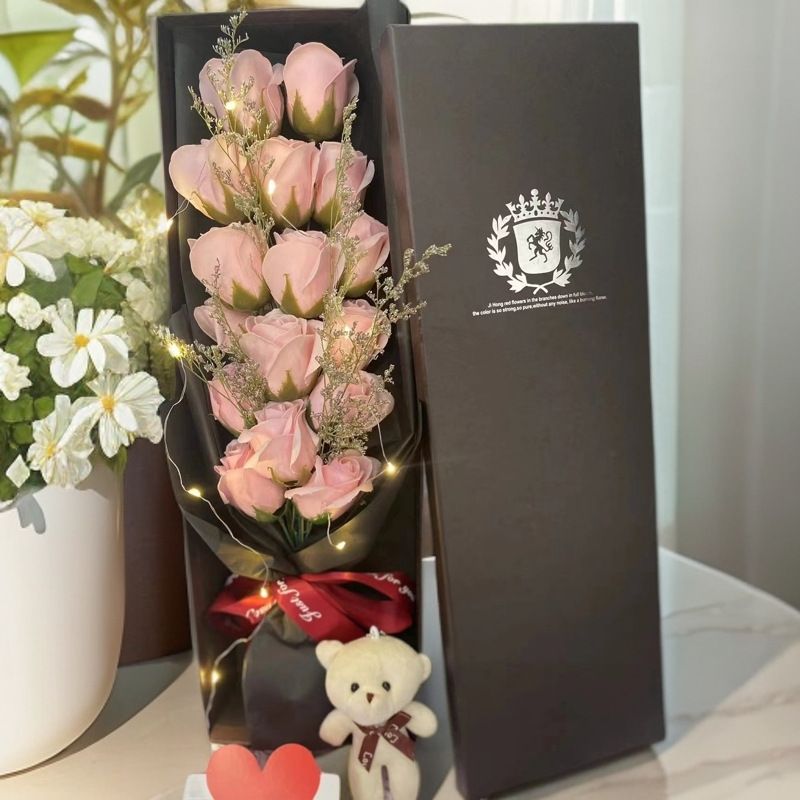 Weihnachtsgeschenke: 16 rechteckige Rosen-Seifenblumen-Bären-Geschenkbox, Blumenstrauß, Valentinstagsgeschenk, Geburtstagsgeschenk, Geschenkstrauß_voghion.com