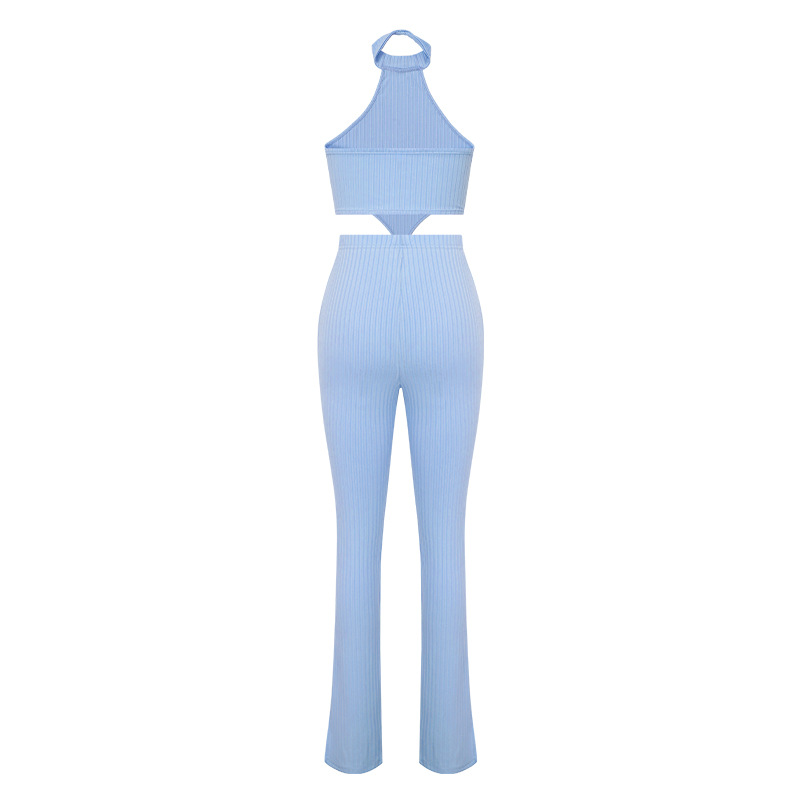 Set da donna in due pezzi casual con pantaloni a camicia senza maniche con collo appeso e ampia striscia in tinta unita_voghion.com