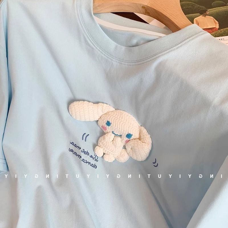 Maglietta a maniche corte con stampa di un simpatico cane alla cannella, azzurra, da donna, estiva, stile Hong Kong_voghion.com