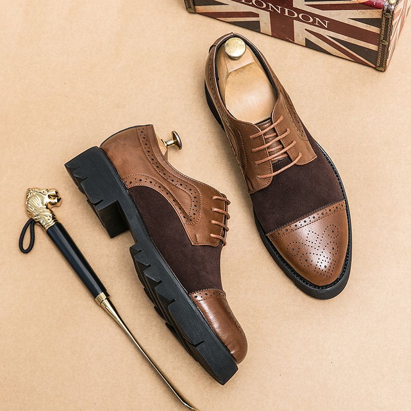 Unbeatable Quality Blok Carved Leather For Men's Business Formal Wear, Youth Brown Casual British Thick Sole Height Increasing Wedding_voghion.com