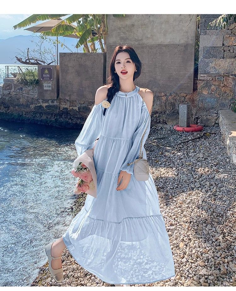 Abito senza maniche con scollo a V delicato, per donna, estivo, per temperamento minuto, gonna a gilet, gonna lunga da spiaggia_voghion.com