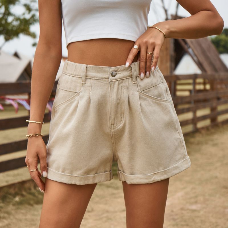 abbigliamento da donna, pantaloncini in denim dal design versatile con elastico in vita e pantaloni casual_voghion.com