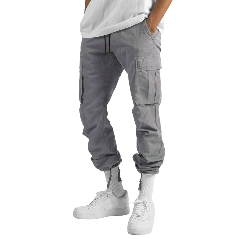 Calça cargo masculina amarrada com vários bolsos casual_voghion.com