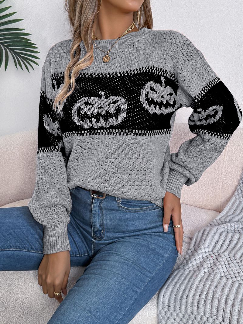 Herbst Winter Halloween Thema Kürbiskopf Farbblock Langarm Pullover Pullover Damenmode_voghion.com