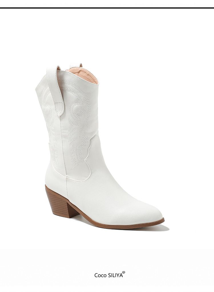 Vintage Pink Cowboy Boots For Women - Pointed Toe Embroidered Mid-Calf Boots With Chunky Heel (Wide Width Available)_voghion.com