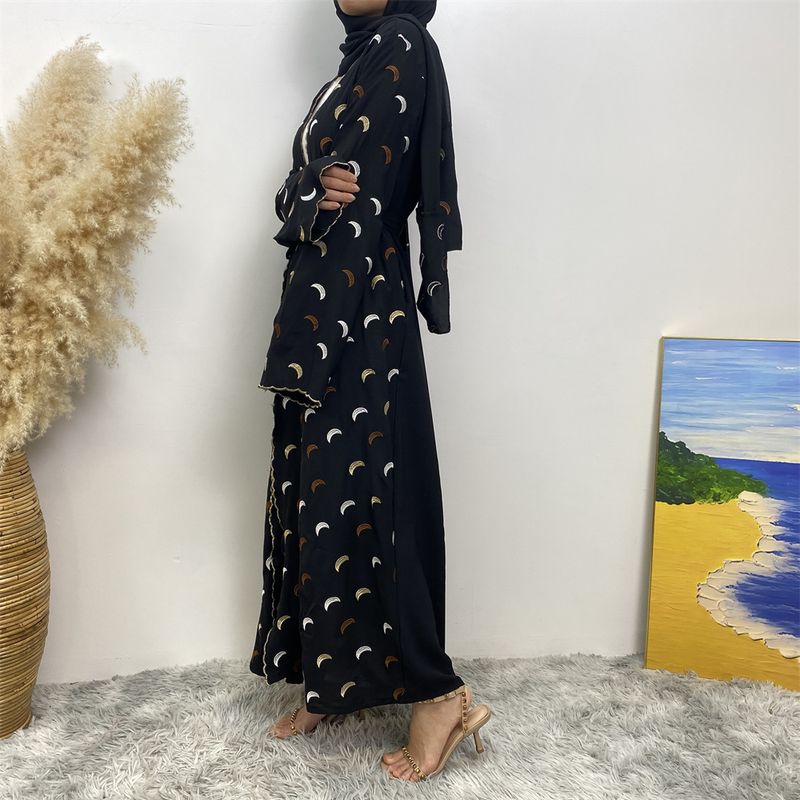 Yeni Müslüman Elbiseler İslami Giyim Ay Nakışlı Bornoz ve Şifon Eşarp Ramazan Dubai Lüks Abaya Kadınlar İçin Fas Kaftanlar_voghion.com