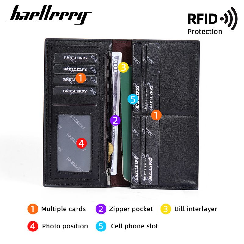 BAELLERRY New Men's Long Wallet European And American Business Style Multiple Card Slots RFID Theft Protection Made With Soft Leather Material_voghion.com