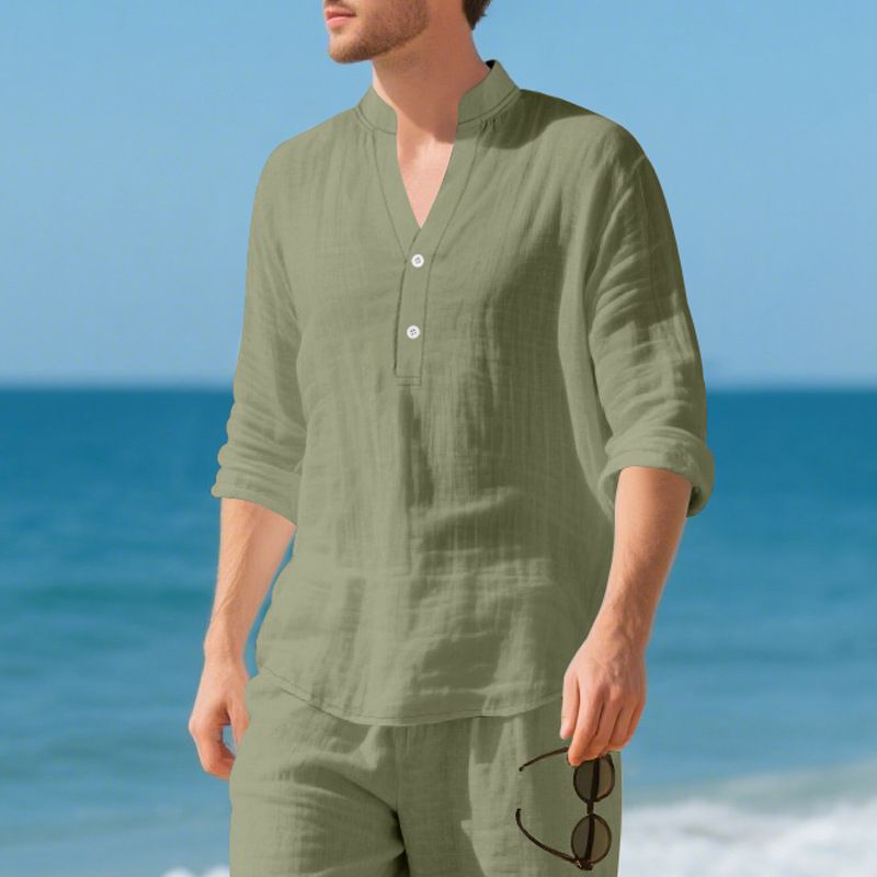 Maglietta a maniche lunghe con scollo a V in lino traspirante per uomo - Vestibilità rilassata, comfort casual, essenziale per l'estate_voghion.com