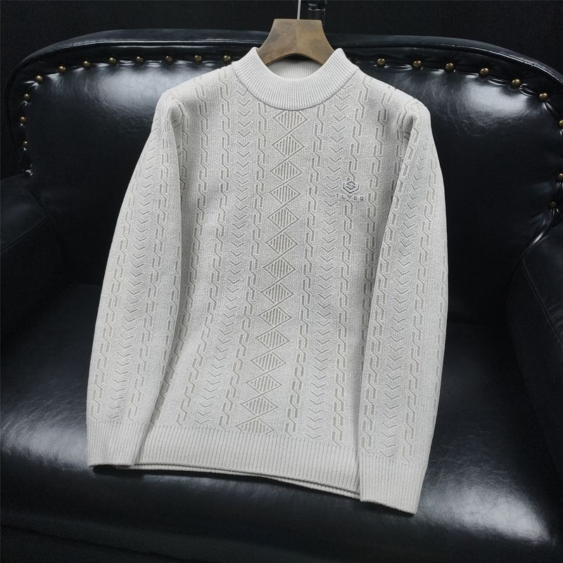 Pull en grosse maille pour homme - Pull d'hiver en maille torsadée avec col rond, manches longues, coupe oversize, blanc et beige (tailles M à 3XL)_voghion.com
