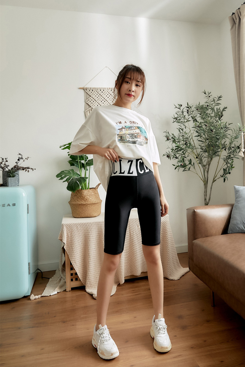 Cycling pants for women, tight-fitting stretch sports bottoming shorts for outer wear, contrasting letters, high-waisted pants, large size_voghion.com