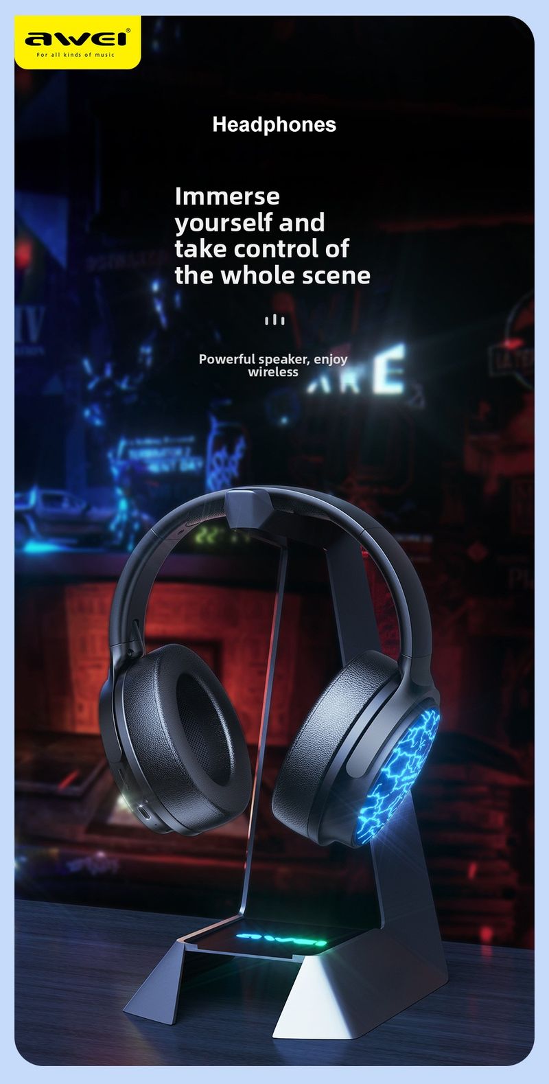 【Alta qualità】 Awei A780pro Cuffie da gioco wireless Bluetooth over-ear in vera pelle con luce ambientale_voghion.com