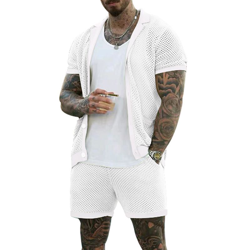 Herrenbekleidung Herrenmode aushöhlen durchsichtig cool lässig dünne Oberbekleidung Herren Kurzarm Shorts Set_voghion.com