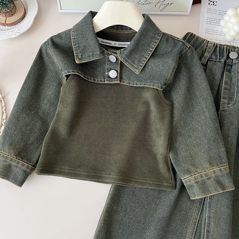 Giacca a maniche lunghe con temperamento coreano per ragazze in stile autunno 2024, completo in denim per bebè 67386_voghion.com