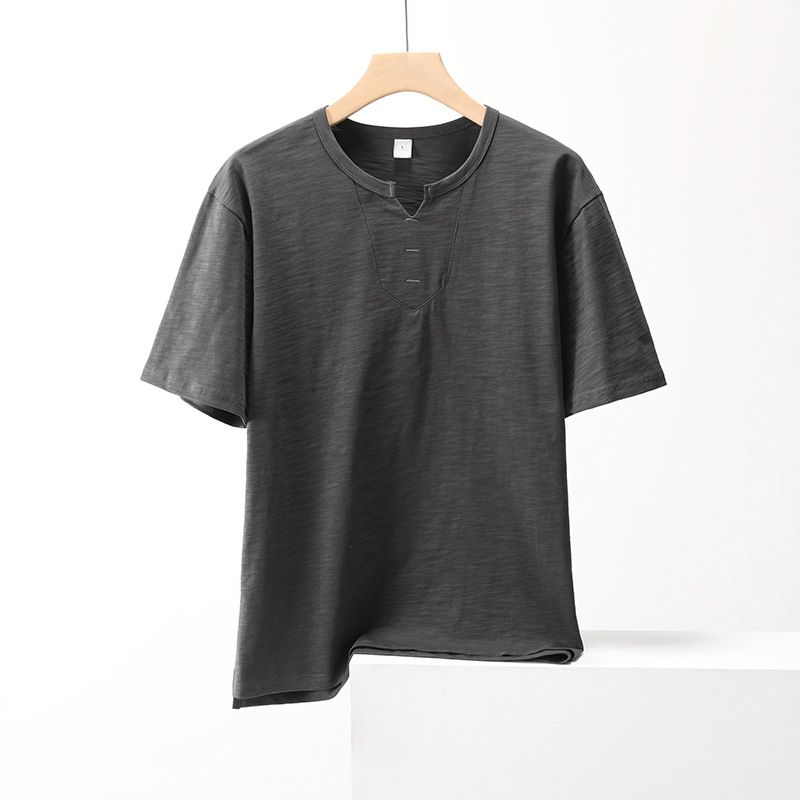 Maglietta da uomo di qualità imbattibile, estiva, alla moda, semplice, in cotone di bambù, a maniche corte, con scollo a V piccolo e colletto a cuore di pollo, versatile._voghion.com