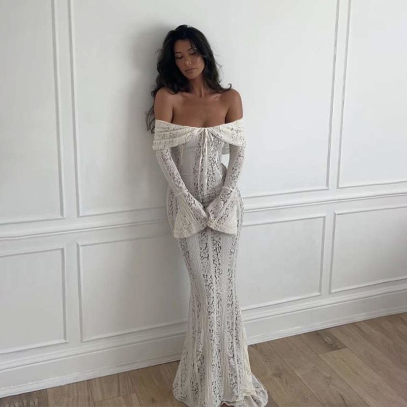 Women's Clothing Off-Shoulder Lace Mermaid Dress – Long-Sleeve Sexy Bodycon Gown (White/Black/Pink/Beige)_voghion.com