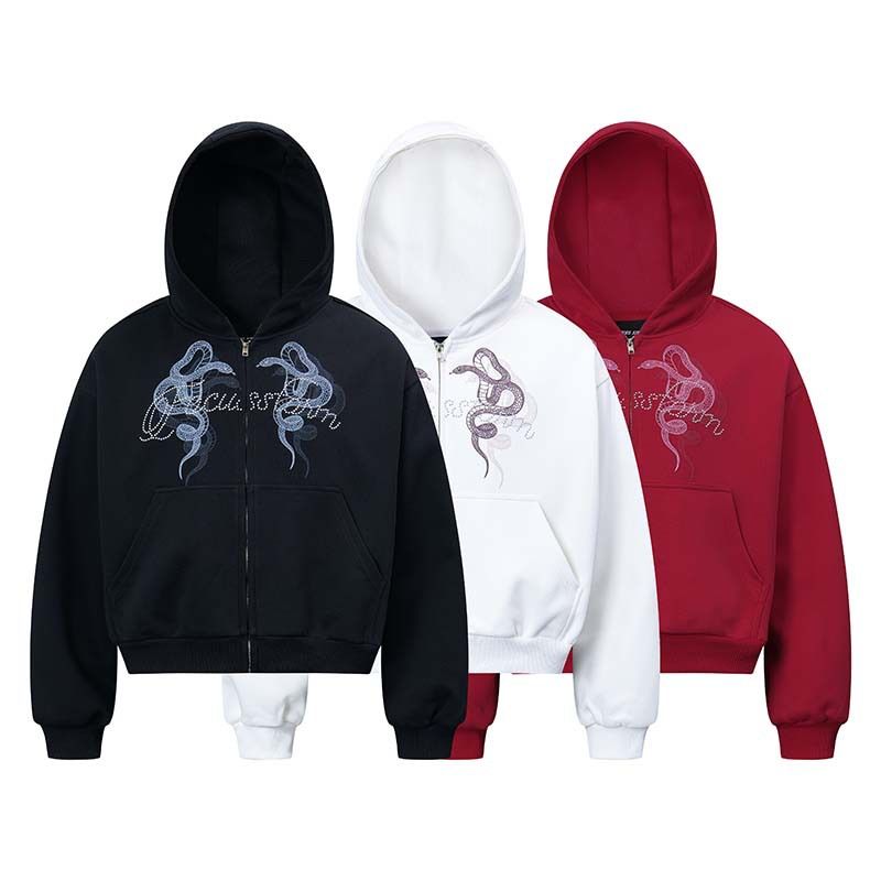 Retro-Kapuzenjacke mit Doppelschlangen-Print – Übergroßer Streetwear-Unisex-Reißverschluss mit Strass-Details | Vintage-inspiriertes Statement-Piece_voghion.com