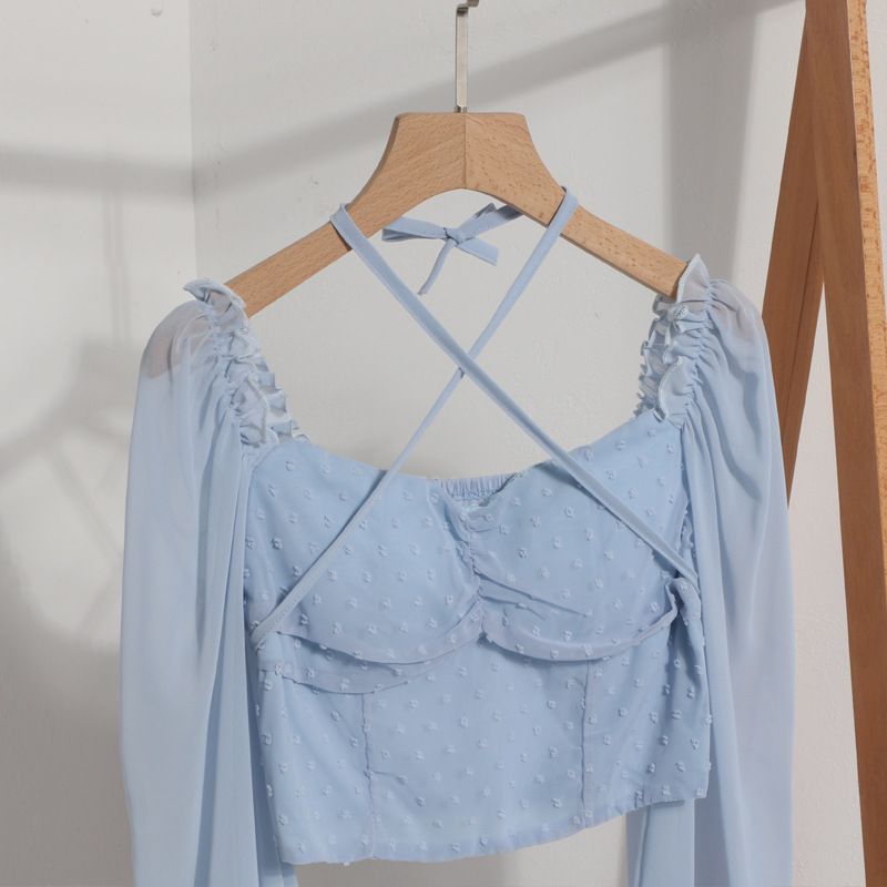 Blusa corta con cuello cuadrado y hombros descubiertos, primavera 2023, nueva blusa de manga larga con cuello halter y lazo para mujer 8876_voghion.com