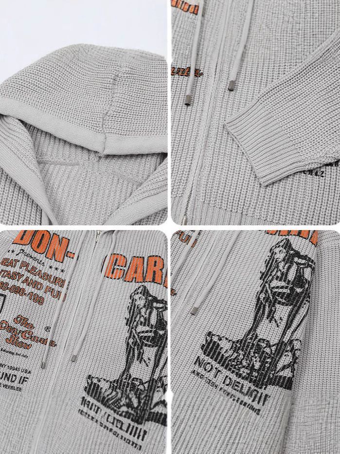 Vintage-Inspired 3d Print Hooded Knit Sweater | Oversized Streetwear Pullover | Soft Viscose Blend | Grey/Black/Red_voghion.com