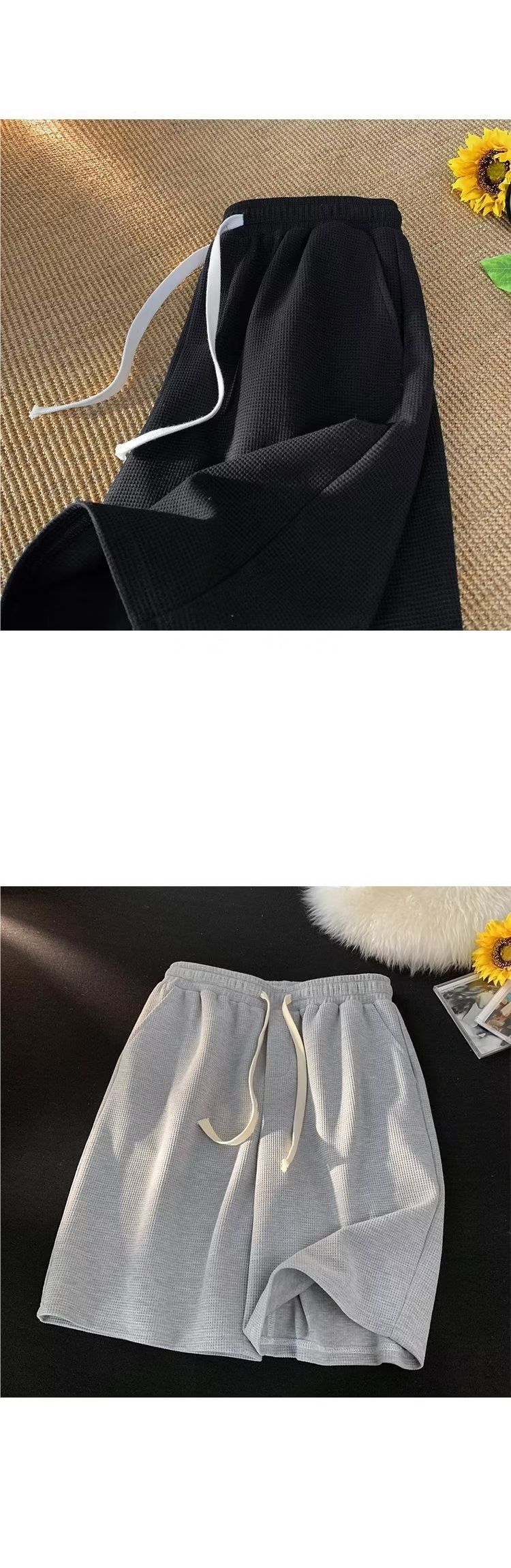Men's Khaki Waffle Shorts Summer Lightweight Loose Fit Casual Sports Shorts With Drawstring Breathable Comfortable_voghion.com