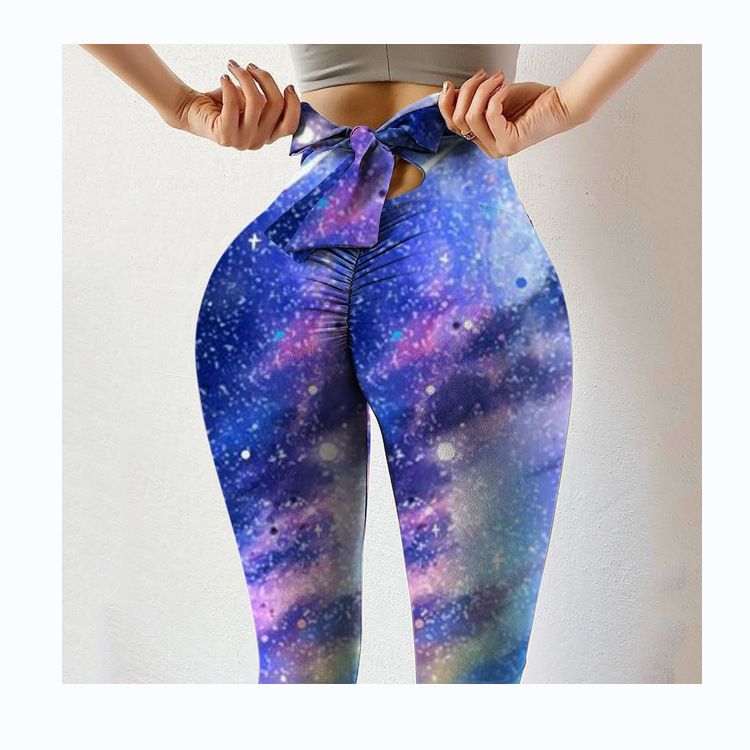 Pantaloni da yoga da yoga da donna con stampa multicolore antirughe sull'anca, dimagranti a vita alta, con fiocco elasticizzato_voghion.com