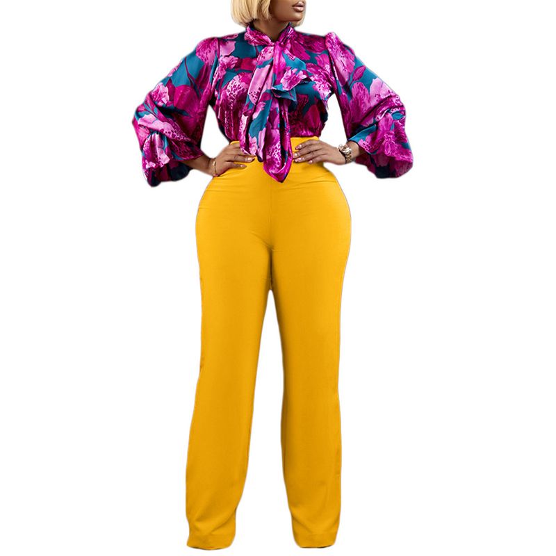 Dameskleding herfst en winter losse grote maten casual bedrukte shirts met lange mouwen wijde pijpen broeken cross border tweedelige set_voghion.com