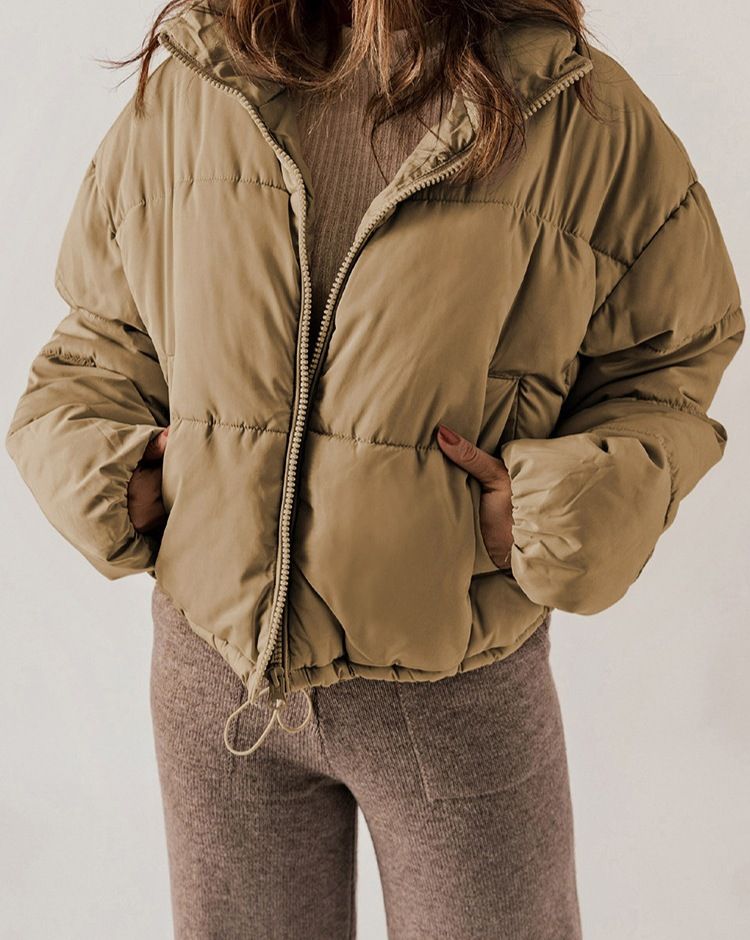 Women's Winter Fashion Coat - European Style Casual Jacket With Pockets, Warm Polyester Filling, Classic Stand Collar, Streetwear Outerwear_voghion.com