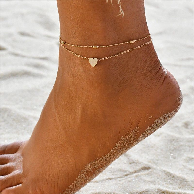 Modisches doppellagiges Strand-Fußkettchen für Frauen, exquisiter Herz-Fußschmuck_voghion.com