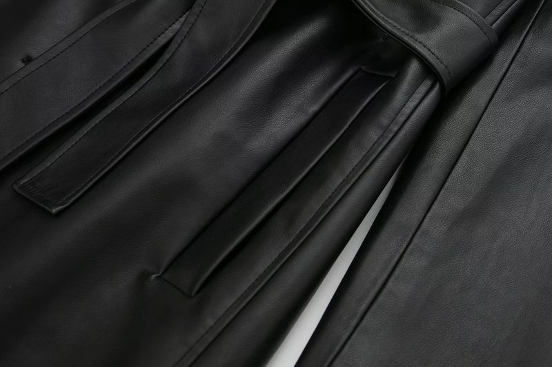 Dames herfst nieuwe mode temperament licht gekookt leer PU zwarte lange trenchcoat_voghion.com