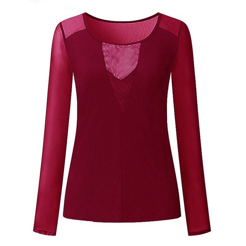Abbigliamento da donna Maglietta a maniche lunghe con cuciture in pizzo, maglietta con base in garza, top trasparente_voghion.com