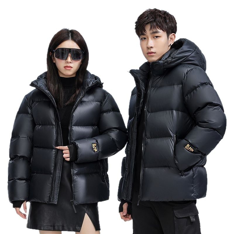 Black Gold Label Kurzer Mantel mit Kapuze aus Gänsedaunen im Paarstil, glänzend, verdickt, warm, für den Außenbereich, Pufferjacke, Großhandel_voghion.com