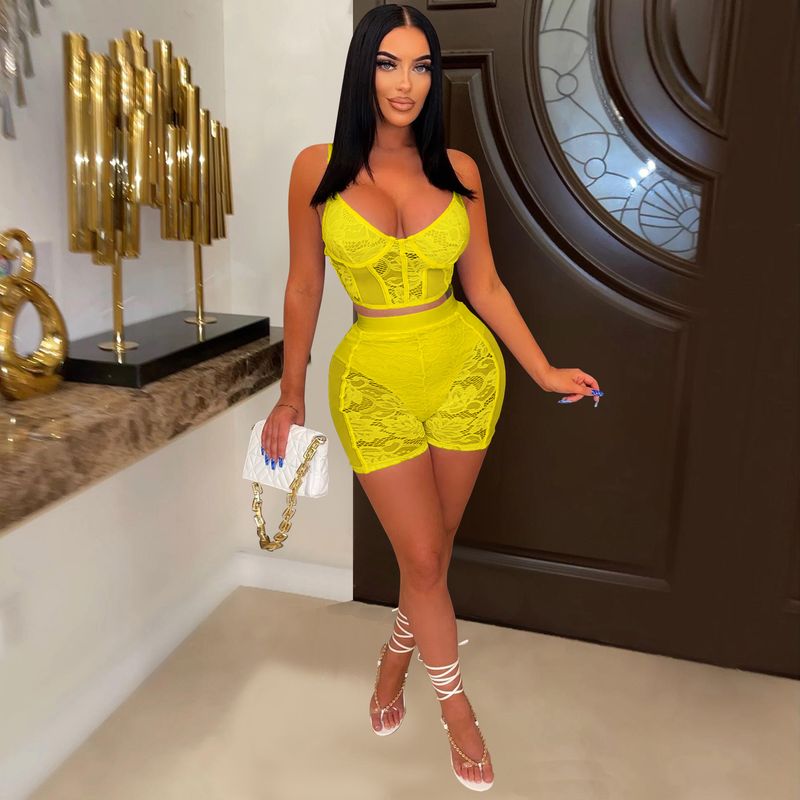 Damenbekleidung, modisches zweiteiliges Set für Damen, einfarbig, sexy Spitze, ärmellose Shorts_voghion.com