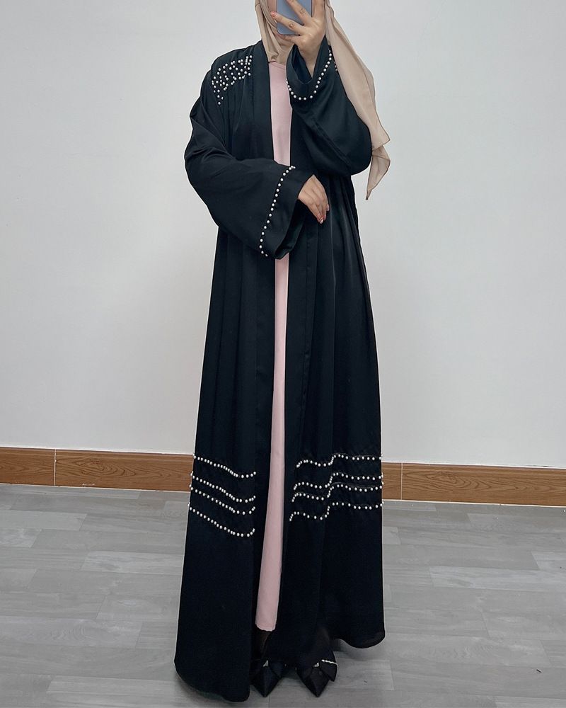 Elegant Dubai Pearl-Embellished Abaya – Long Sleeve Open Front Robe Dress (Black/Burgundy, S-XXL)_voghion.com