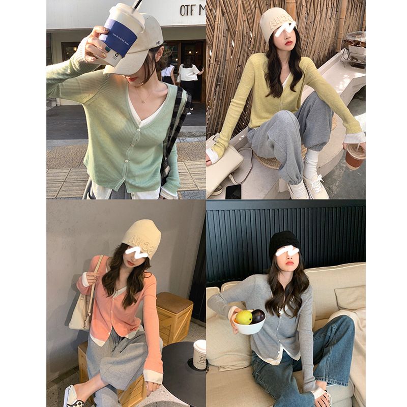 Pull tricoté deux pièces à col en V pour femme 2021, style décontracté, design unique, haut tendance pour femme_voghion.com