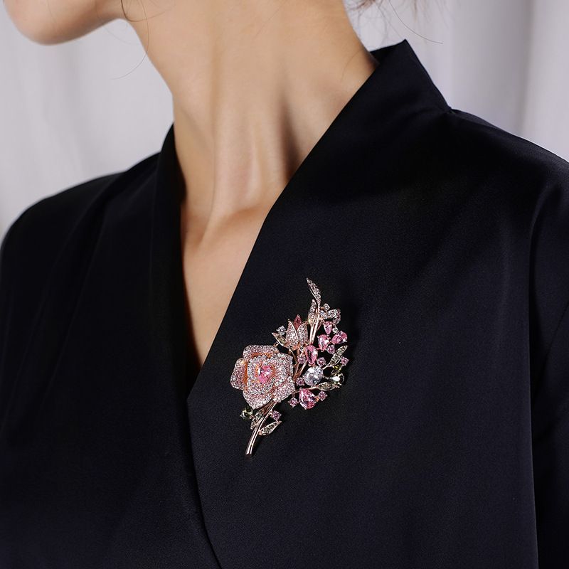 Advanced Heavy Industry Colored Rose Zircon brooch for women's high-end live streaming flower pin_voghion.com