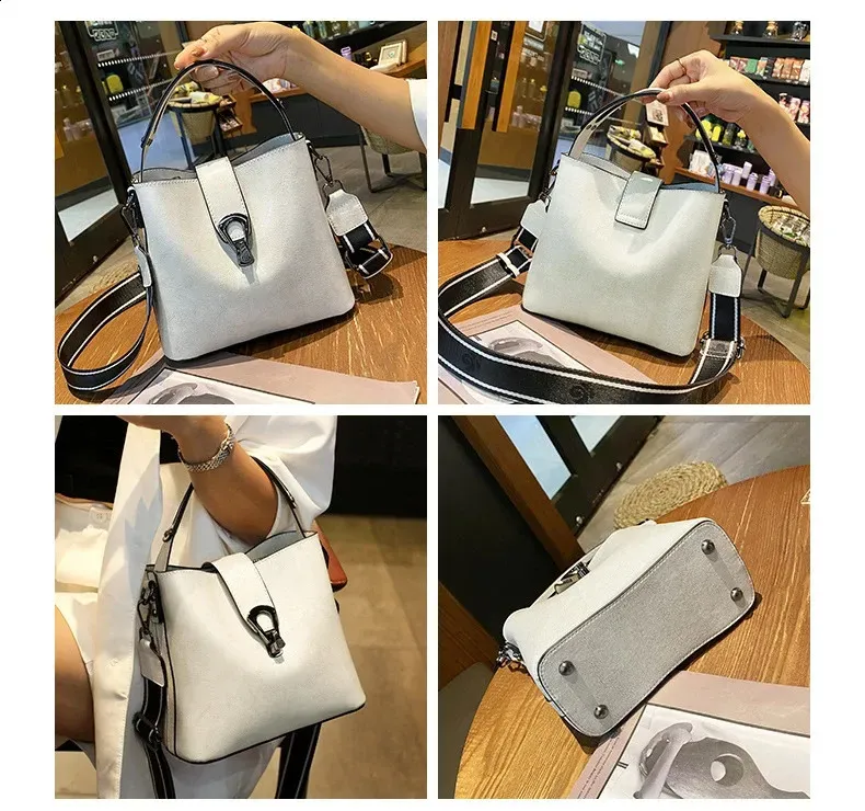 Borsa a secchiello in pelle Burminsa, piccola, con tracolla larga, in cera d'olio, da donna, tendenza 240927_voghion.com