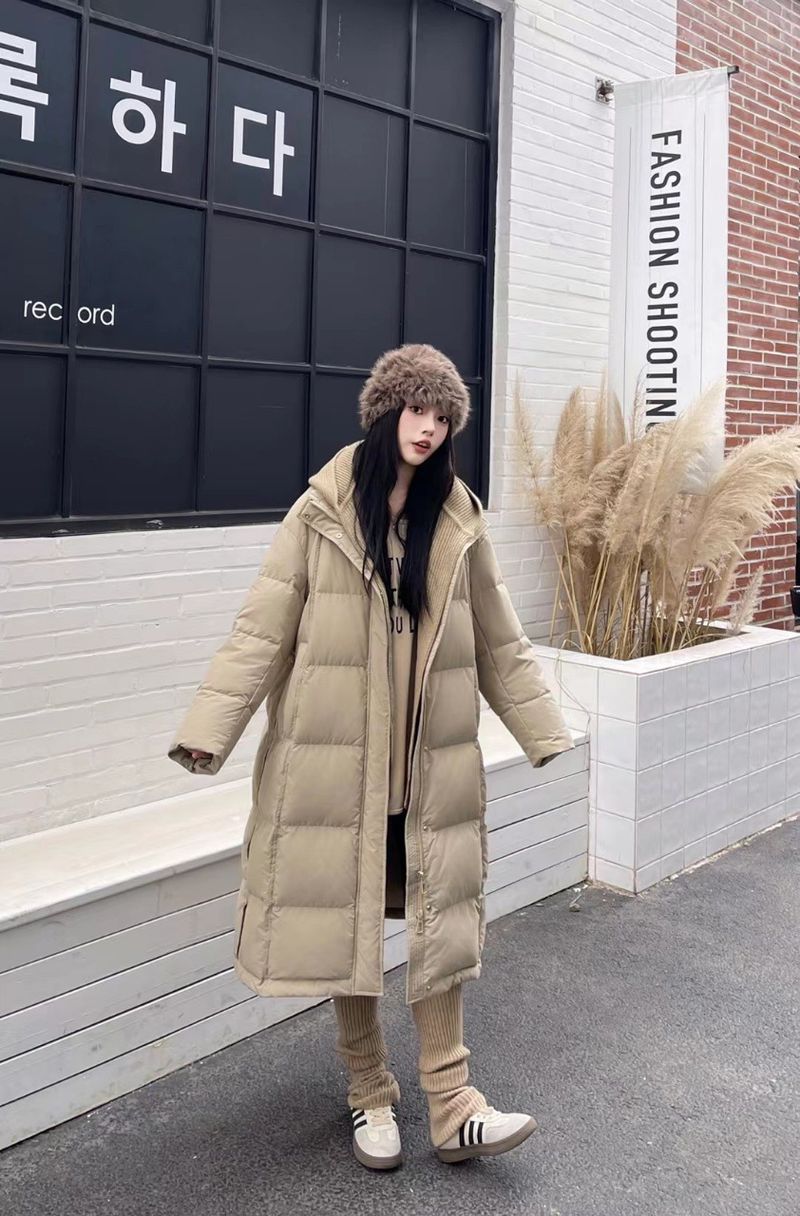 Women's Long Knitted Shawl Down Jacket – Korean Style Thick Loose Fit Winter Coat, Premium White Duck Down Filled Warm Outerwear_voghion.com