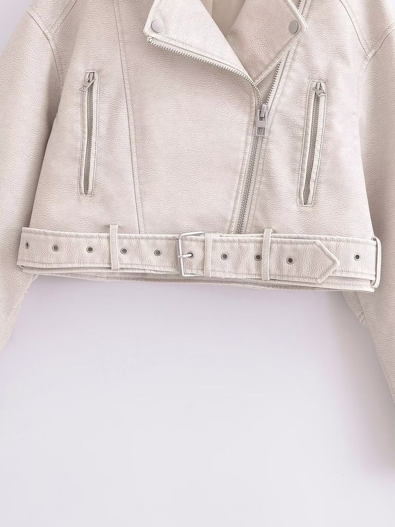 Damen-Bikerjacke aus Kunstleder – Slim Fit Kurzmantel mit Gürtel, V-Ausschnitt, langen Ärmeln (Weiß, Schwarz, Grau, Armeegrün, Dunkelbraun)_voghion.com