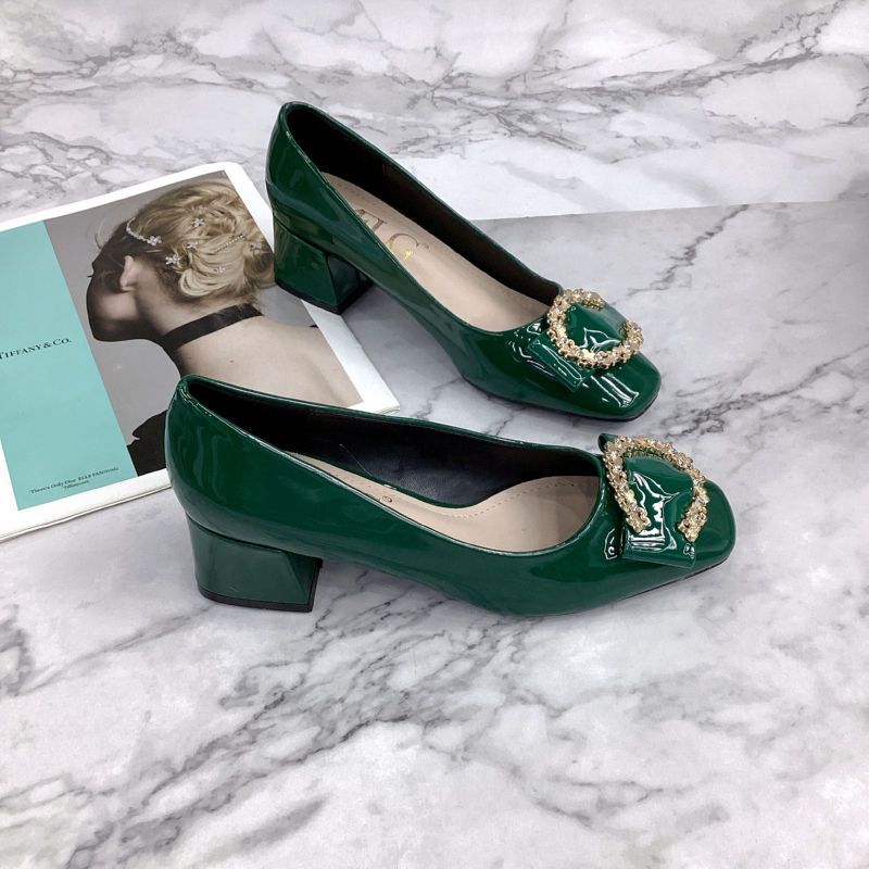 Women's Shoes New Shallow Mouth Patent Leather Flower Buckle Medium And High Heels Women's Square Head Thick Heel Mirror Single Shoes_voghion.com
