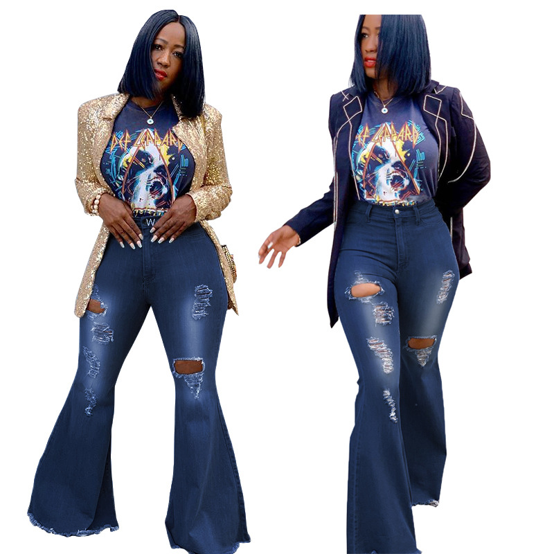 Modische Damenbekleidung mit weitem Bein, ausgewaschener, zerrissener Denim-Stretch-Schlaghose_voghion.com