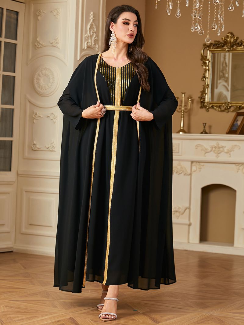 Vêtements pour femmes transfrontaliers du Moyen-Orient Robe arabe Mode paillettes broderie mousseline de soie deux pièces robe Europe et Amérique_voghion.com
