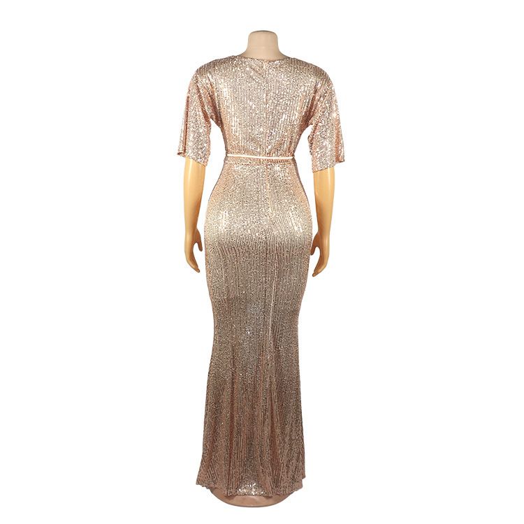 Women's Clothing Elegant Temperament Women's Dress High Elastic Sequins V Neck_voghion.com